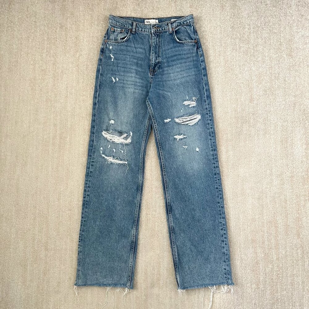 Zara The 90s Full Length High Waisted Ripped Raw Hem Blue Jeans 8